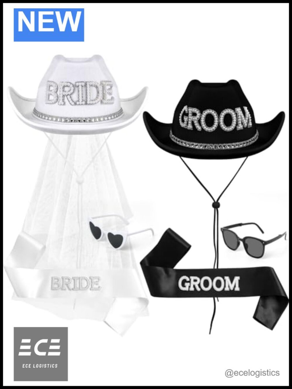 Bride Cowgirl Hat with Veil & Groom Cowboy Hat Set Bachelorette Party